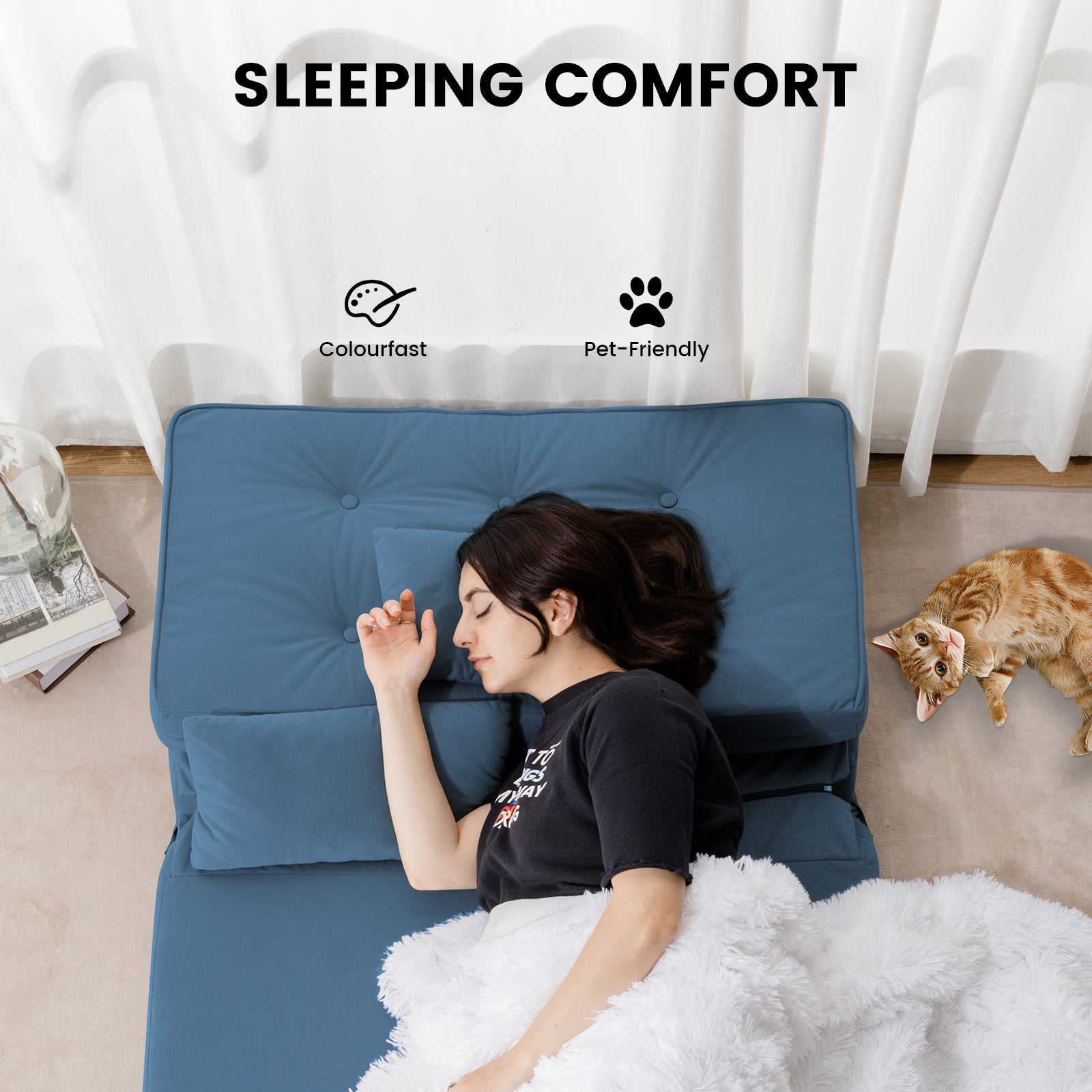 COMHOMA Canapé-lit pliant, 3-en-1 avec dossier réglable à 6 niveaux, 2 coussins lombaires, convient pour salon, chambre et camping, Bleu