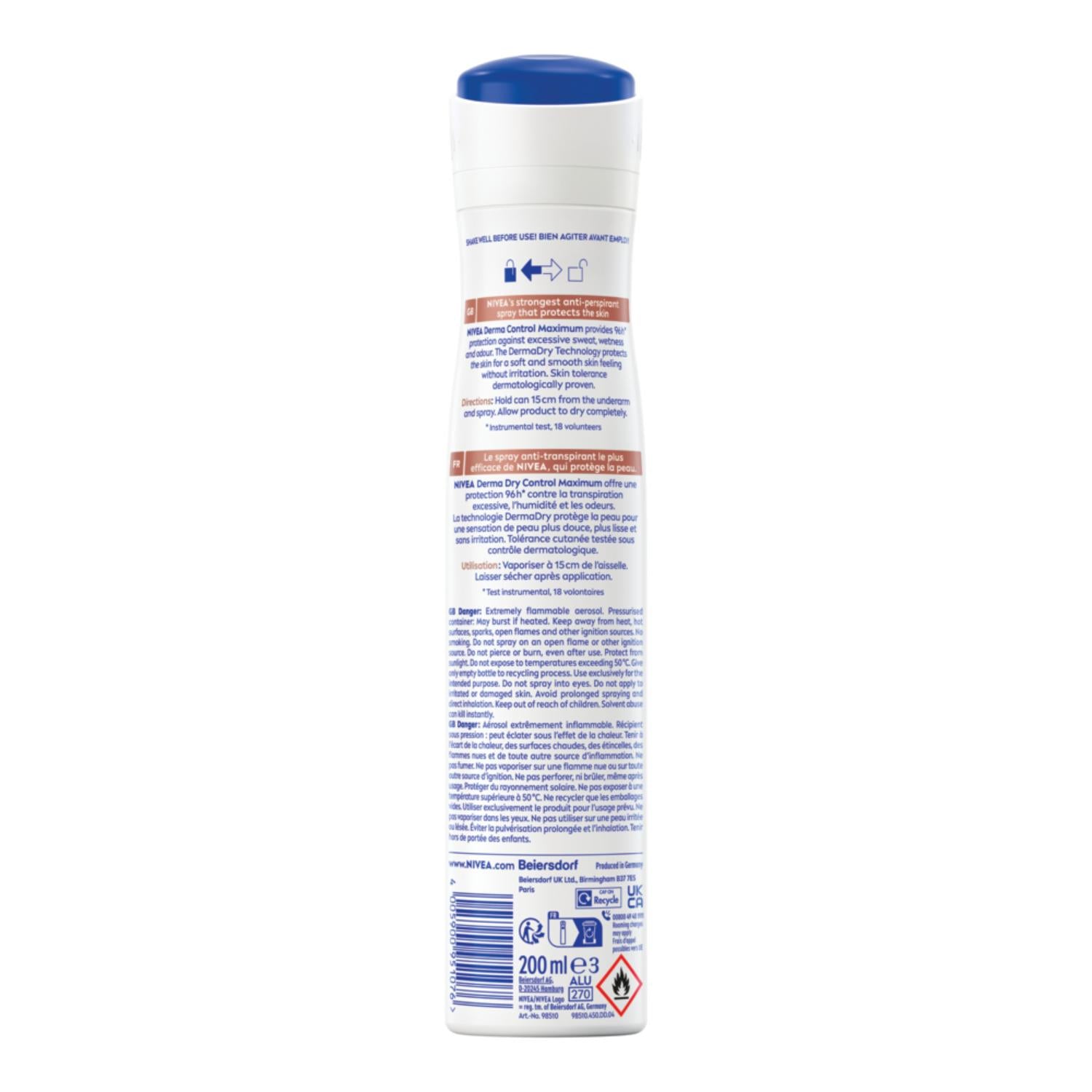 NIVEA Déodorant Femme Aisselles Derma Dry Control 96H Spray 200ml