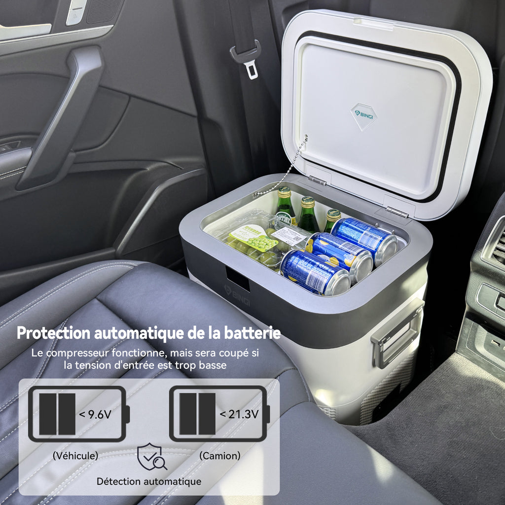 BINGI Réfrigérateur-congélateur portable pour voiture 22 L, double alimentation 12 V/24 V CC et 100-240 V CA, température réglable de -18 ℃ à 15 ℃