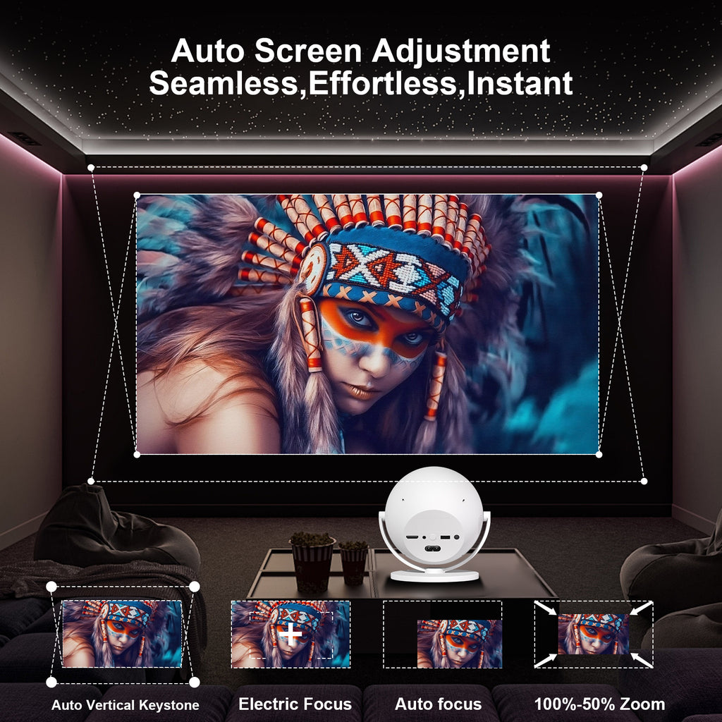 XBJ Projecteur intelligent portable 360°, Full HD 1080P, Rotation à 360° pour projection plafond/mur/table, Projecteur d’extérieur, 500 lumens, Écran 120 pouces, Correction trapézoïdale automatique et 6D, Home cinéma, Wi-Fi/BT/HDMI, Compatible avec t