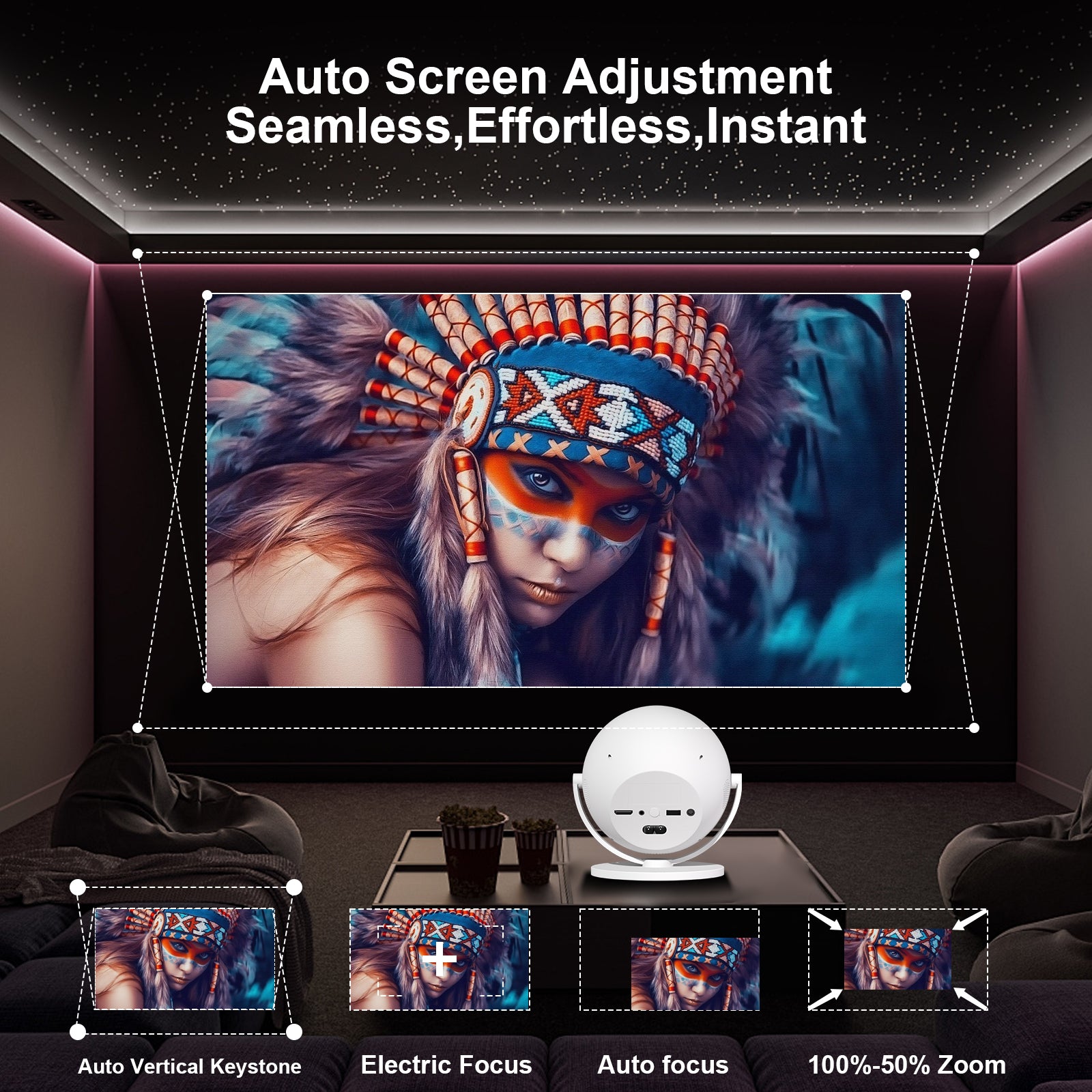 XBJ Projecteur intelligent portable 360°, Full HD 1080P, Rotation à 360° pour projection plafond/mur/table, Projecteur d’extérieur, 500 lumens, Écran 120 pouces, Correction trapézoïdale automatique et 6D, Home cinéma, Wi-Fi/BT/HDMI, Compatible avec t