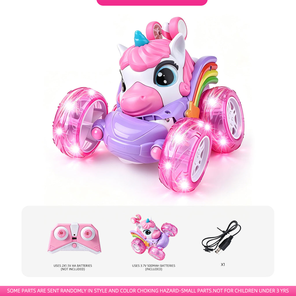 Voiture de Cascade de Licorne Télécommandée pour Enfants, Camion Télécommandé à Rotation de 360 Degrés avec Roues Lumineuses, Cadeau de Voiture Jouet Rechargeable Thème Licorne Rose Violet Mignon pour Petites Filles Âge 3+