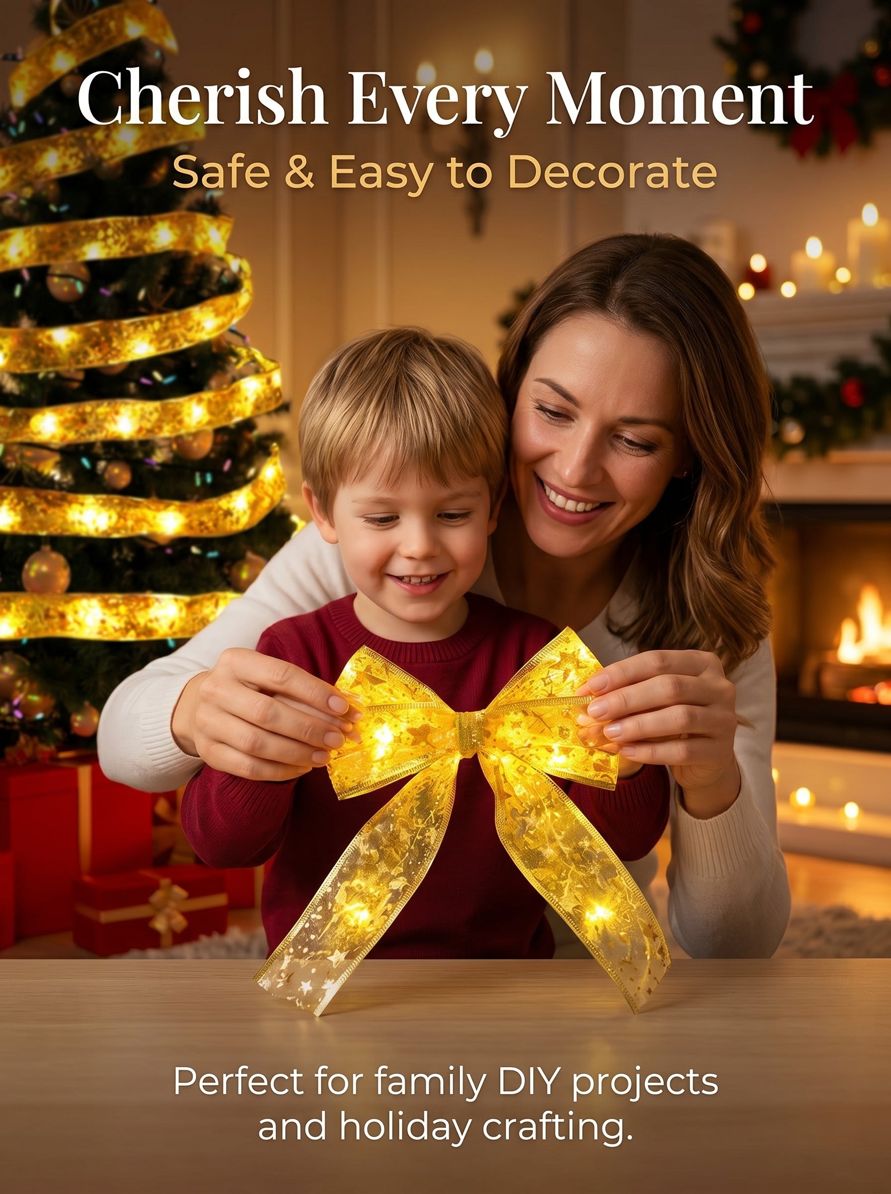 Ju7cer Guirlande lumineuse à rubans 5 m, 50 lumières, 2 paquets de piles , décoration de sapin de Noël, jaune chaud, atmosphère festive, convient pour l'intérieur et l'extérieur