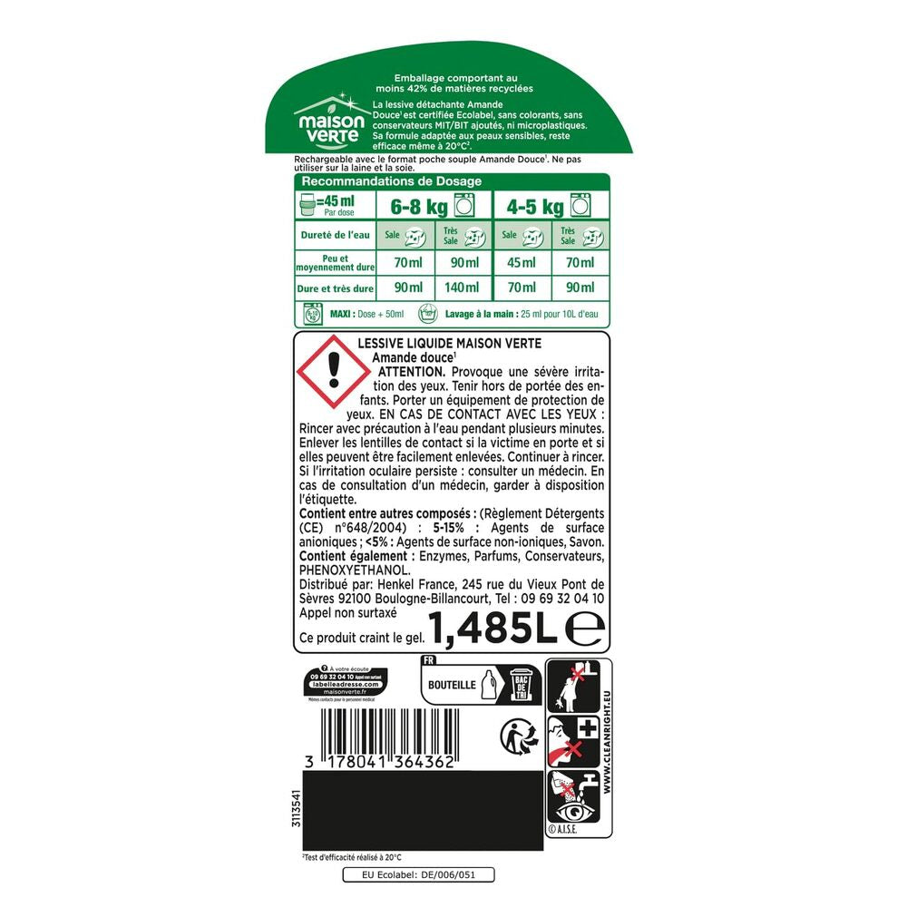 MAISON VERTE Lessive liquide peaux sensibles efficace dès 20 °C Amande Douce 33 lavages 1,485 L