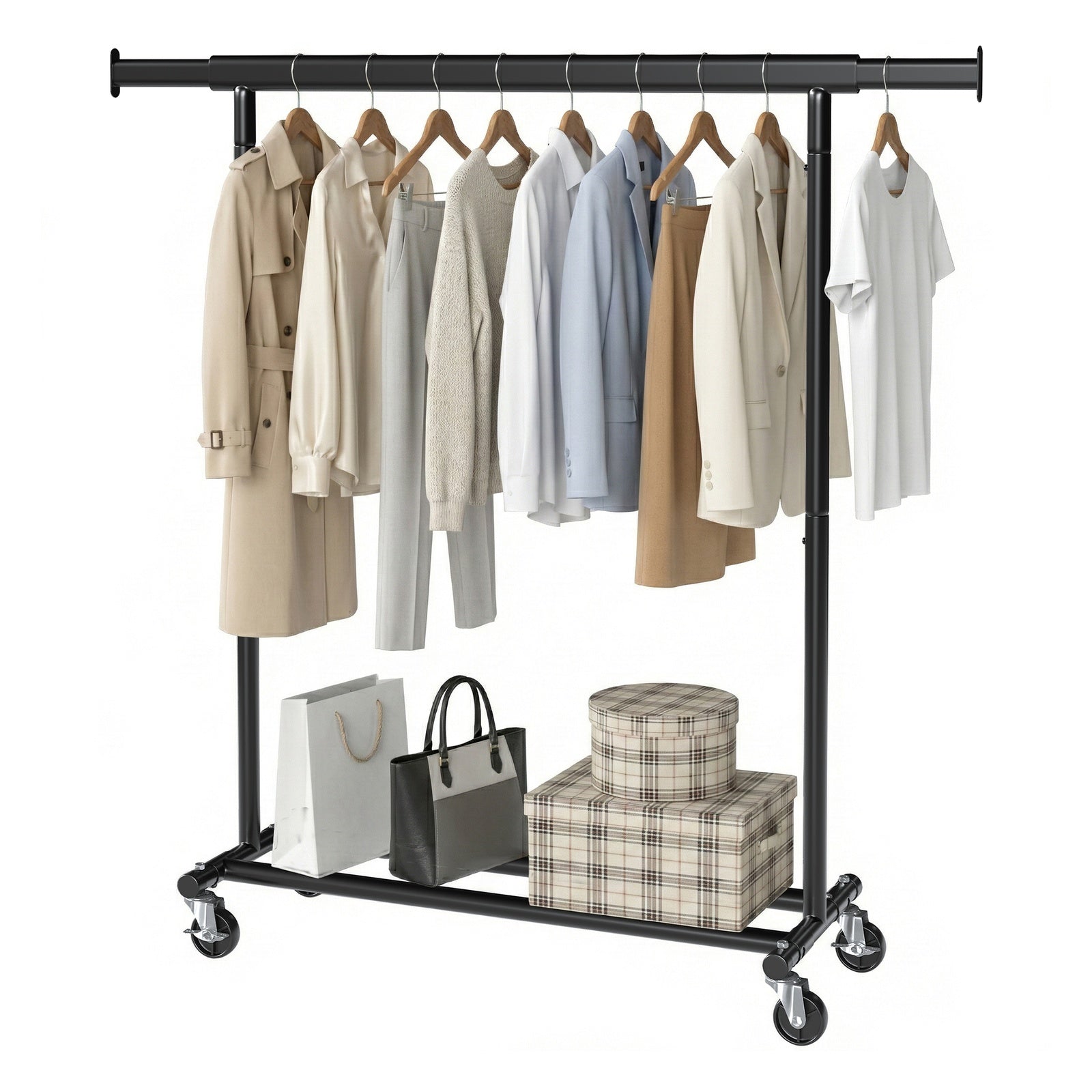 JOYFURNOS Portant à Vêtements sur Roulettes, Tringle à Vêtements Robuste, 45 x (92-132) x 161,5 cm, avec Tringle Extensible, Capacité de Charge 100 kg, Portable, Noir