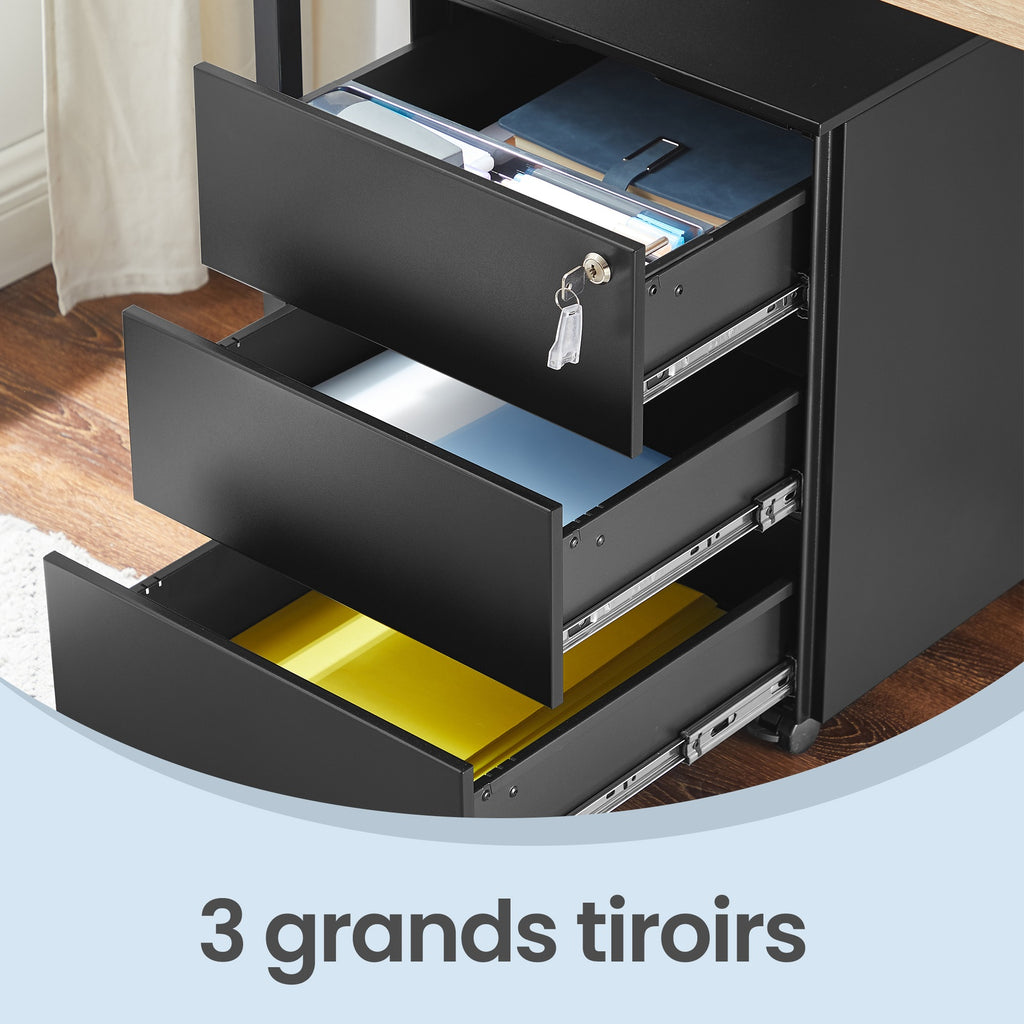 JOYFURNOS Armoire à dossiers mobile verrouillable noir mat – 3 tiroirs, préassemblée, rangement pour documents et fournitures, 39 x 45,1 x 53,8 cm – rangement compact pour bureau ou télétravail