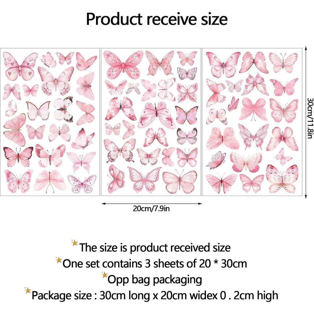 JU7CER Lot de 3 pièces de 20x30 cm autocollants muraux bleu-lumière autocollants muraux phosphorescents papillon bleu-lumière imprimé rose chambre de fille chambre d'enfant autocollants muraux