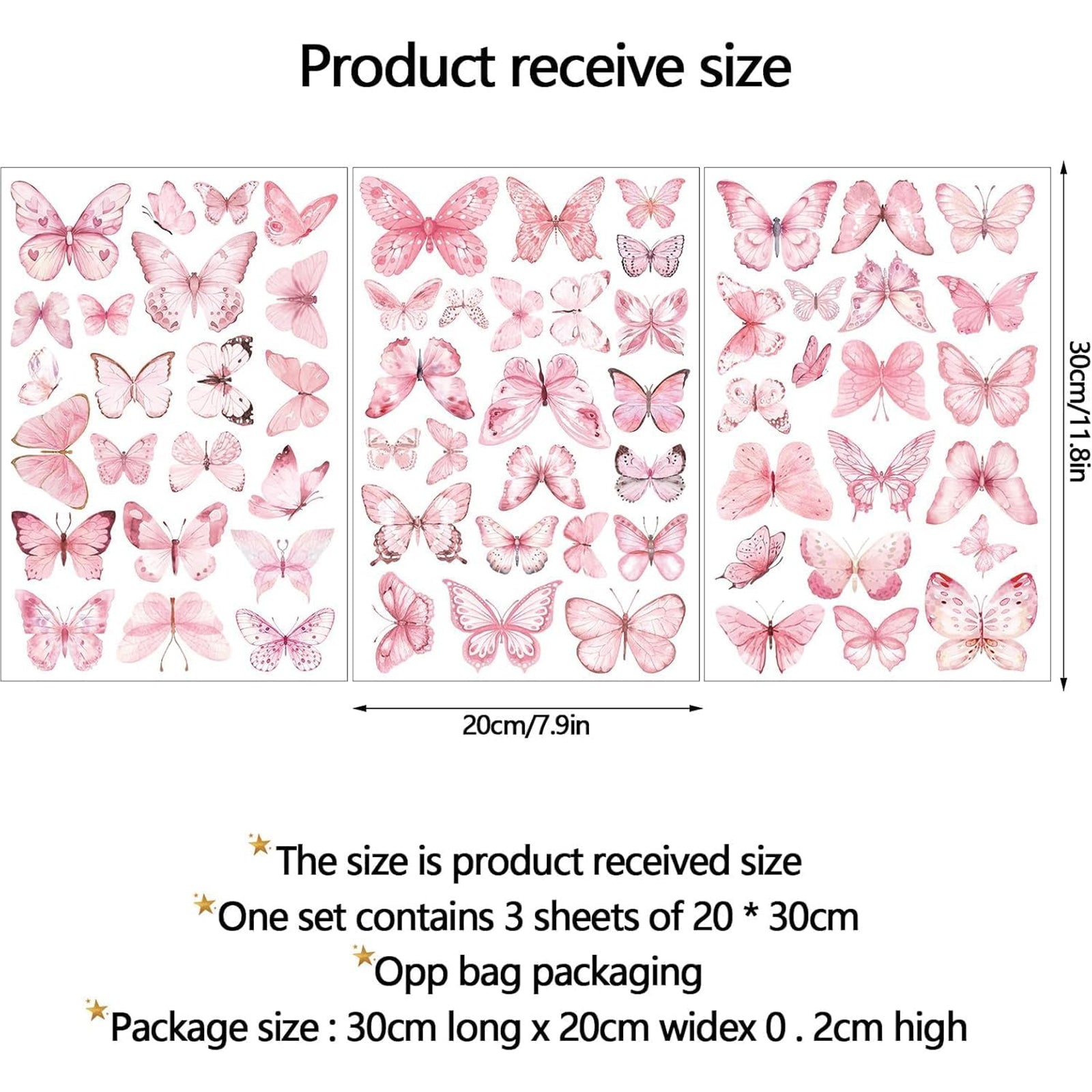 JU7CER Lot de 3 pièces de 20x30 cm autocollants muraux bleu-lumière autocollants muraux phosphorescents papillon bleu-lumière imprimé rose chambre de fille chambre d'enfant autocollants muraux