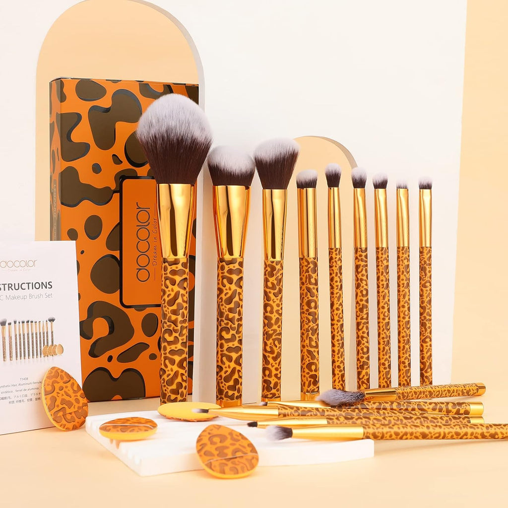 Docolor Coffret Cadeau 14 Pièces Pinceaux de Maquillage Imprimé Léopard Doré