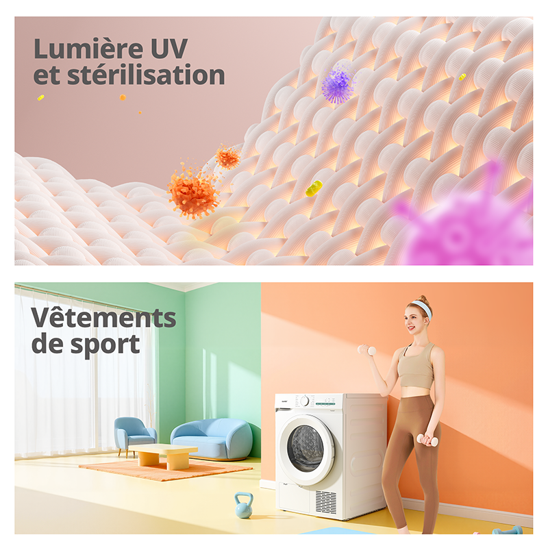 Comfee' Sèche-linge à pompe à chaleur CD08EHP05W-HR, 8 kg, classe énergétique D, lumière UV pour une pureté hygiénique, fonction de rafraîchissement, écran LED, séchage rapide, blanc