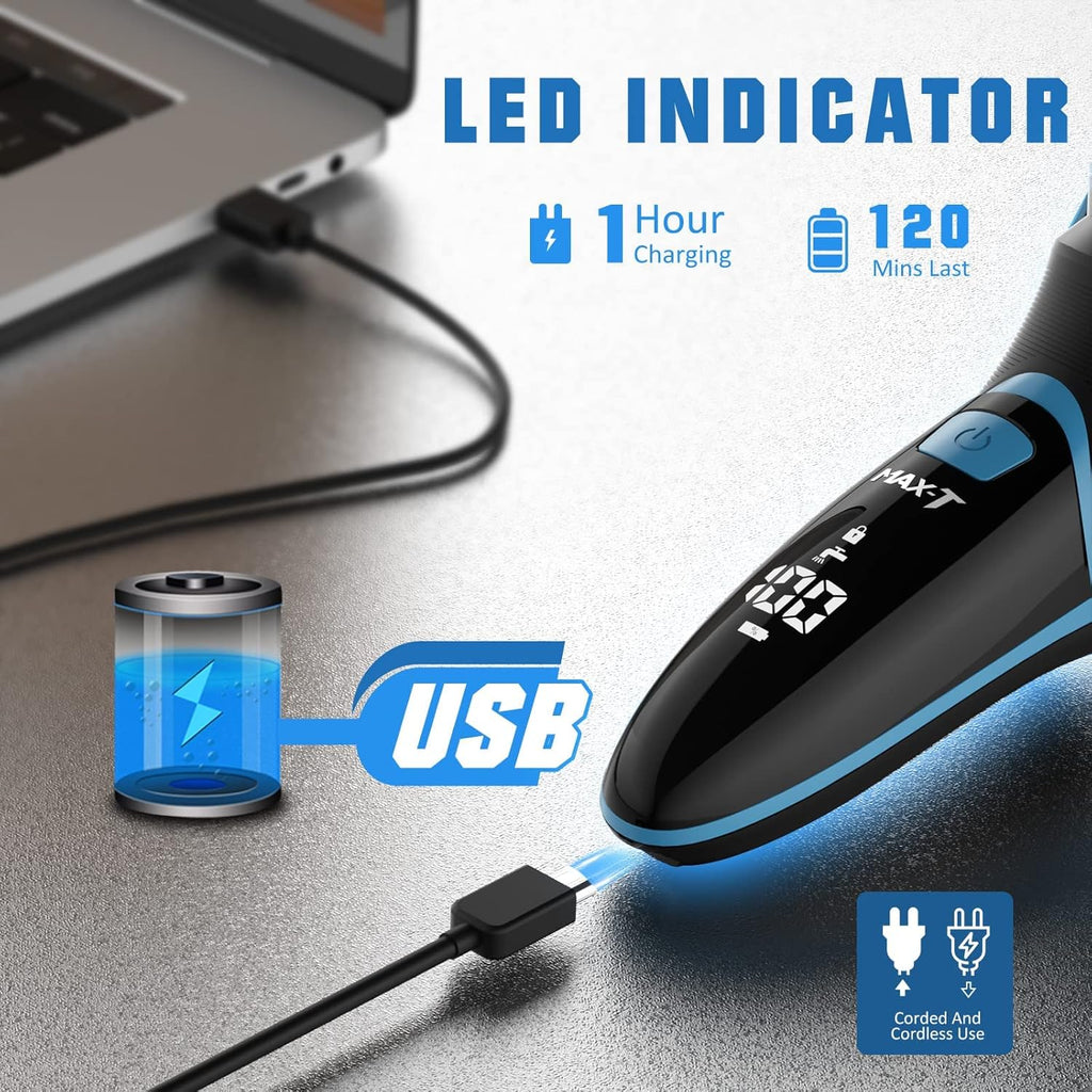 Rasoir électrique MAX-T pour hommes avec tondeuse escamotable, étanchéité IPX7, tête rotative 3D, rasoir sans fil rechargeable, port Type-C, 120 min d'autonomie, Plug & Play – Bleu