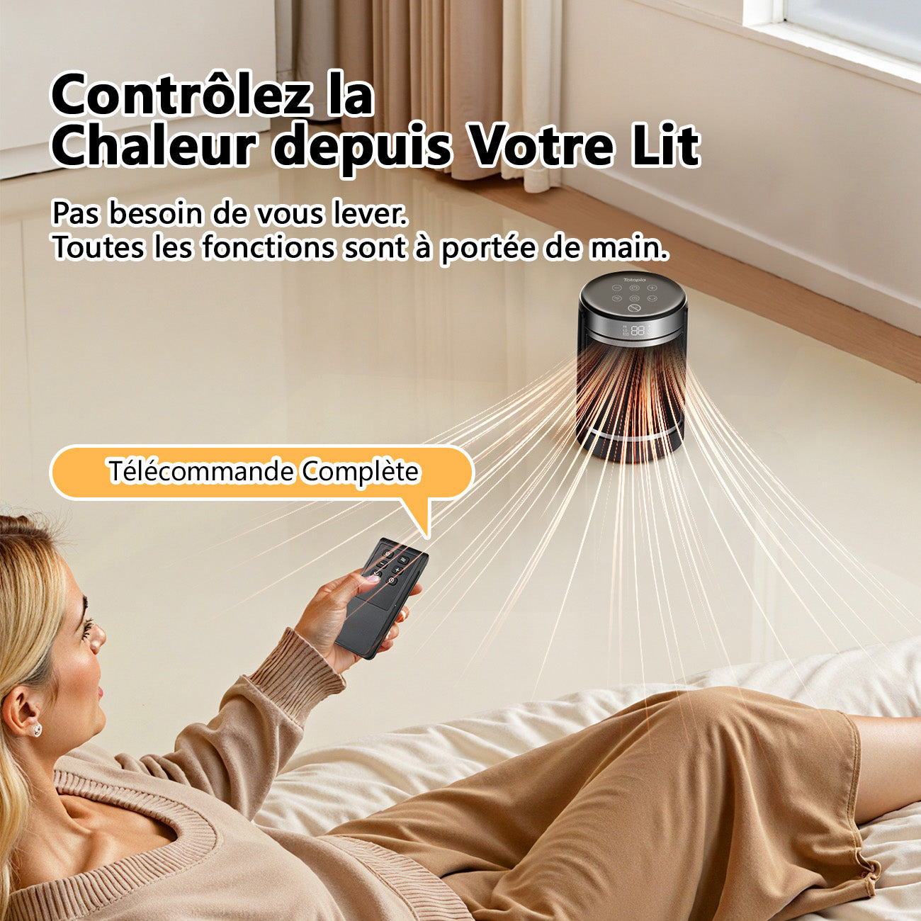 Totopia Radiateur électrique 1500 W 4 modes Élément chauffant céramique PTC Affichage LED et télécommande Minuterie 12 h Oscillation large Protections surchauffe et basculement PTC-907B