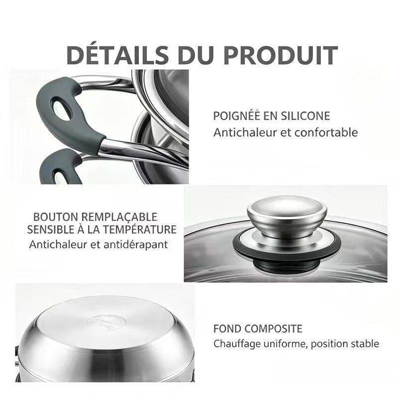 Maxcook cuiseur vapeur à 3 niveaux, cuiseur vapeur en acier inoxydable 304 de 28 cm avec couvercle en verre, cuiseur vapeur multicouche avec poignées en silicone anti-brûlure, compatible avec induction, cuisinière à gaz MCZ743