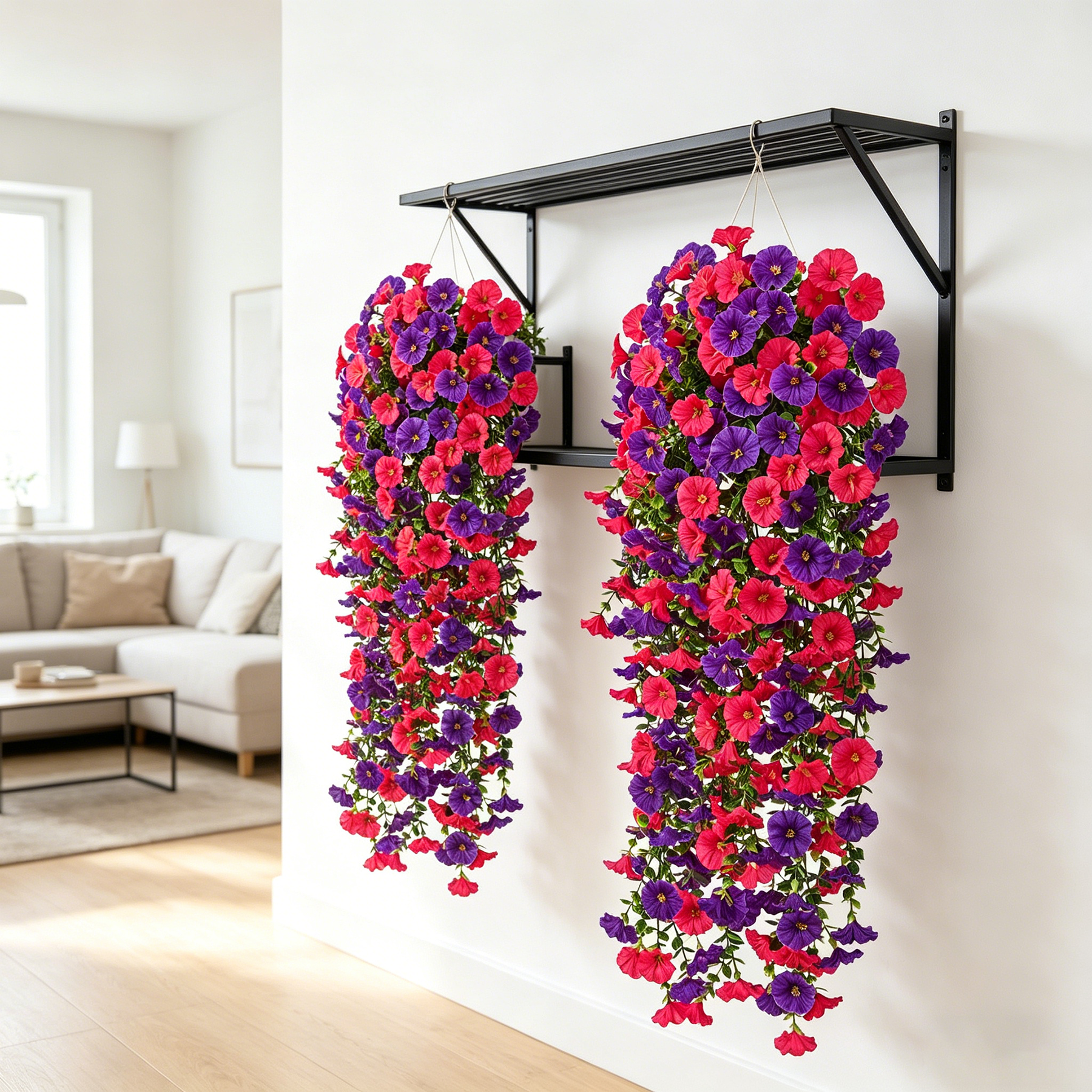 Yuejia 4 pièces 30 po/76 cm Fleurs artificielles pour extérieur, Fleurs suspendues artificielles pour extérieur Fleurs suspendues réalistes Fleurs de pétunia artificielles en soie pour