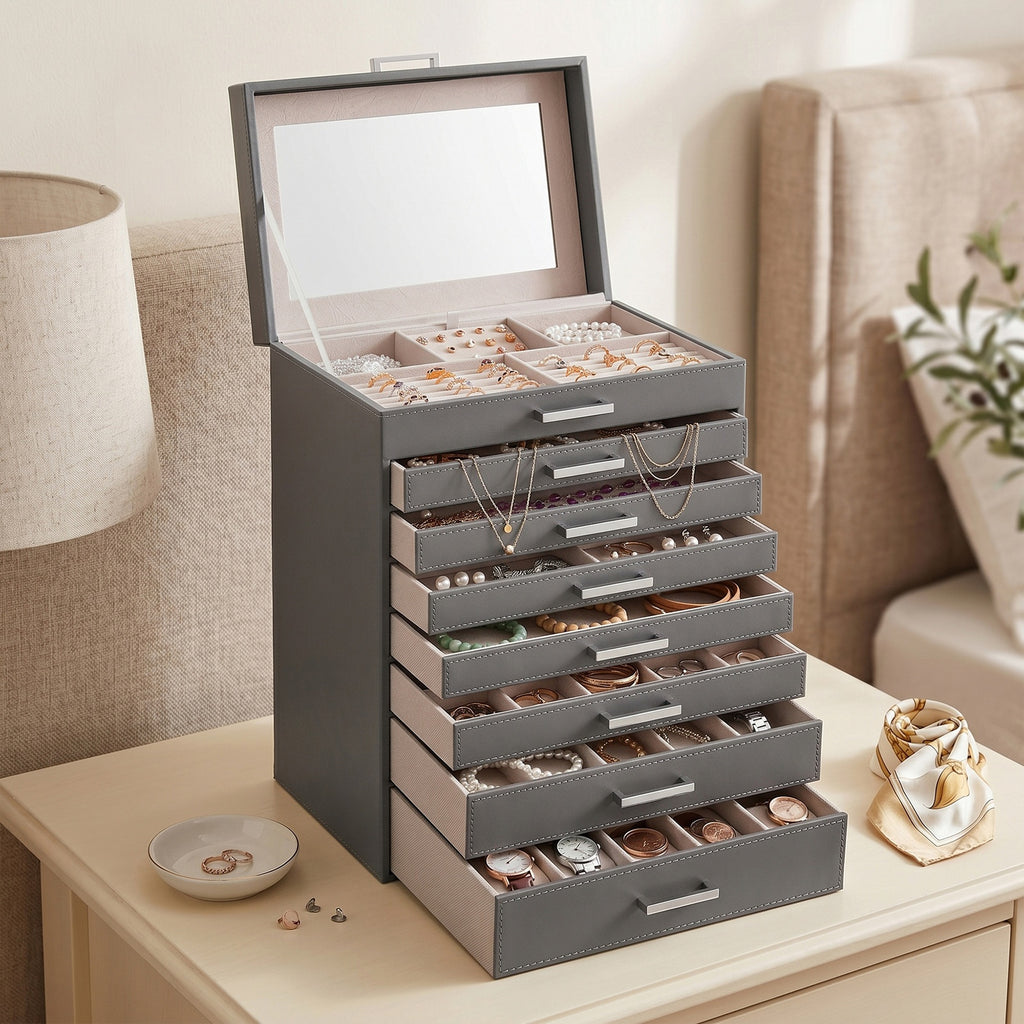 JOYFURNOS Grand Organisateur de Bijoux, Boîte à Bijoux à 8 Niveaux avec Miroir, 7 Tiroirs, Étui de Rangement Moderne, Idée Cadeau, Gris Foncé