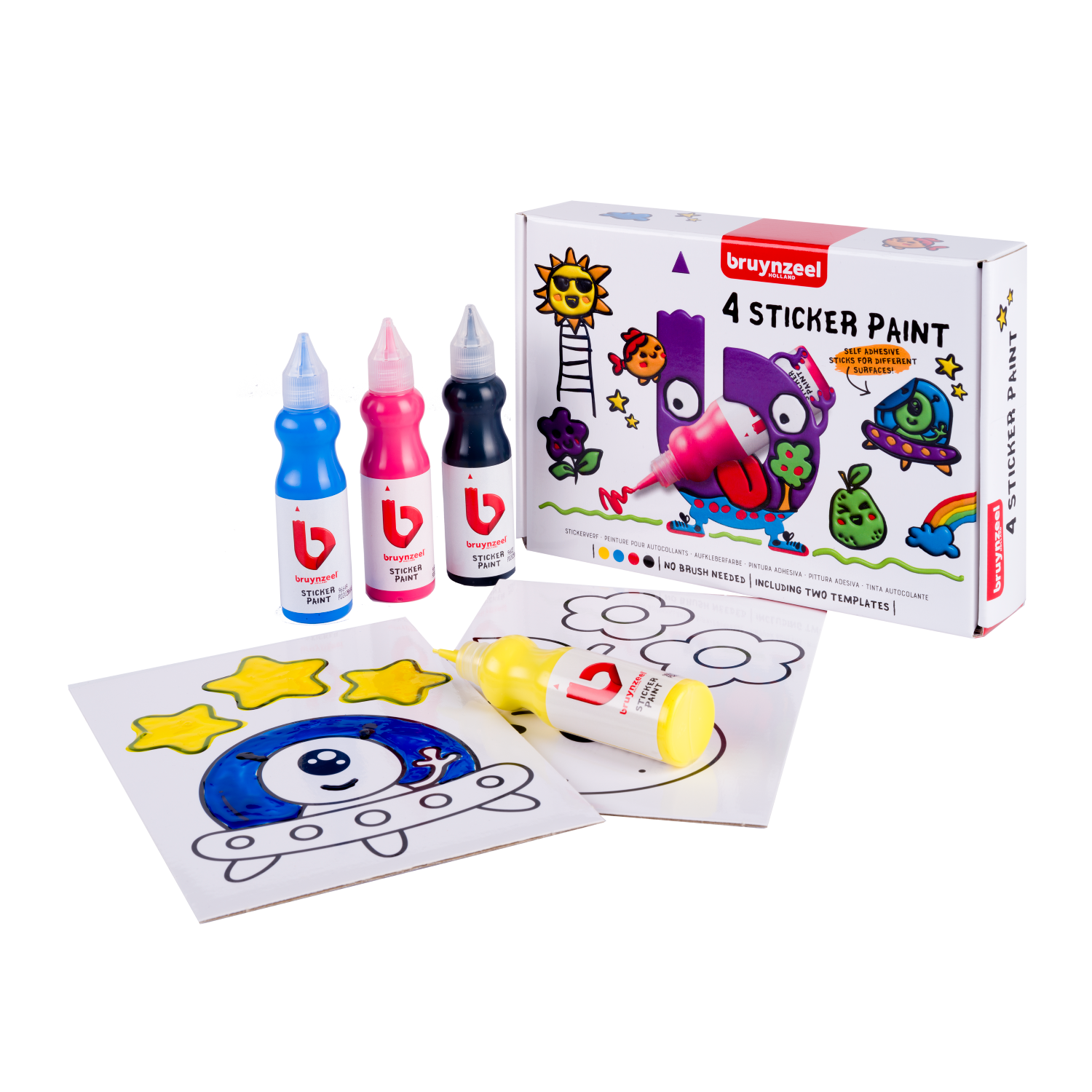 Bruynzeel Set de Peinture pour Autocollants - 4 couleurs à mélanger + 2 modèles - Crée et réutilise tes propres autocollants