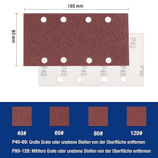 WORKPRO Jeu de 100 feuilles abrasives auto-agrippantes, grain 40/60/80/120, 8 trous, pour ponceuses multifonction et excentrique, bois, métal et peinture