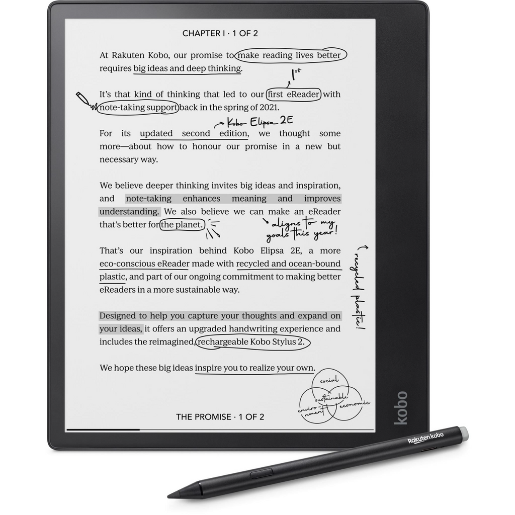 Liseuse Kobo Elipsa 2E - Écran Tactile Carta E Ink sans Reflets de 10.3” avec ComfortLight Pro - Inclus Kobo Stylus 2- Option Mode Sombre - Livres Audio - 32 Go de stockage - Noir