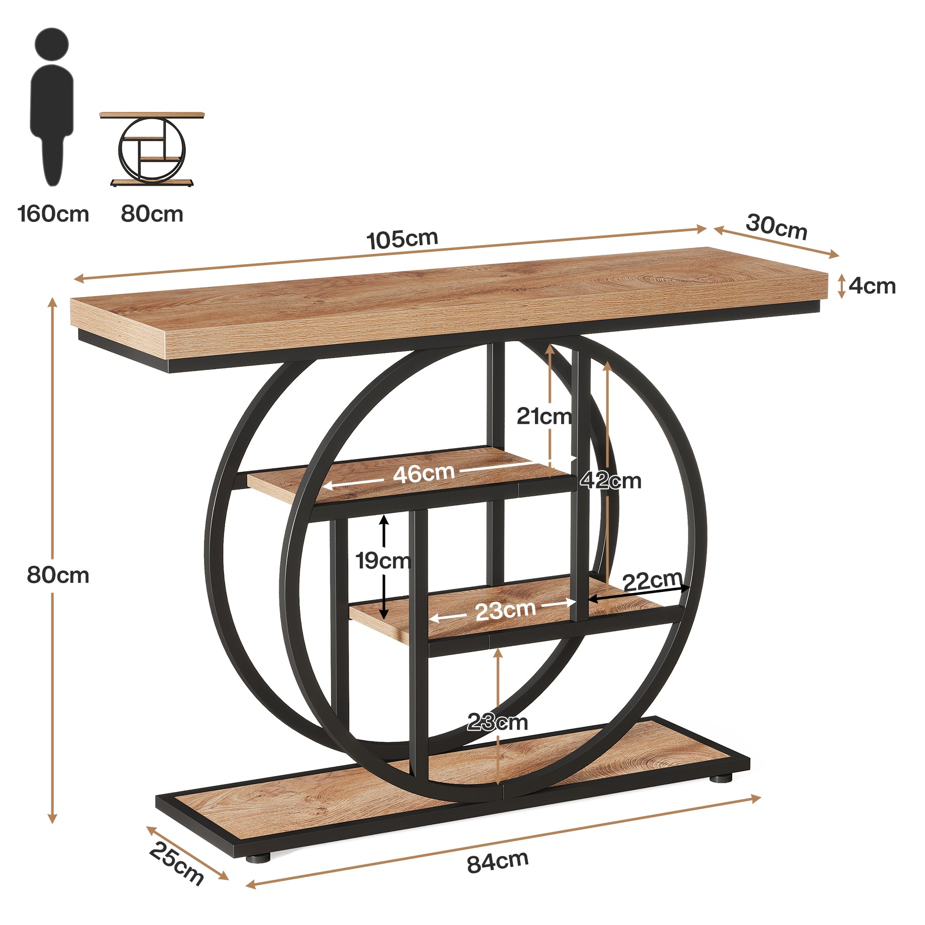 Tribesigns Table console 105 cm, Table derrière canapé industrielle à 4 niveaux pour entrée avec base circulaire, Table d'appoint étroite en bois avec étagères de rangement pour salon
