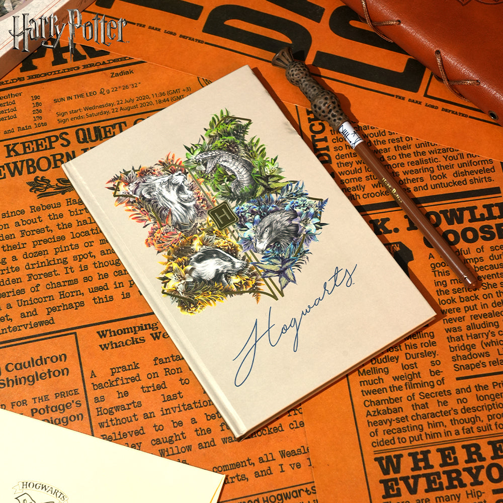 Warner Bros. Ensemble 2 pièces carnet Harry Potter Poudlard 4 maisons et stylo baguette d’Harry, papeterie Monde des sorciers sous licence officielle, collection thématique exclusive, cadeau