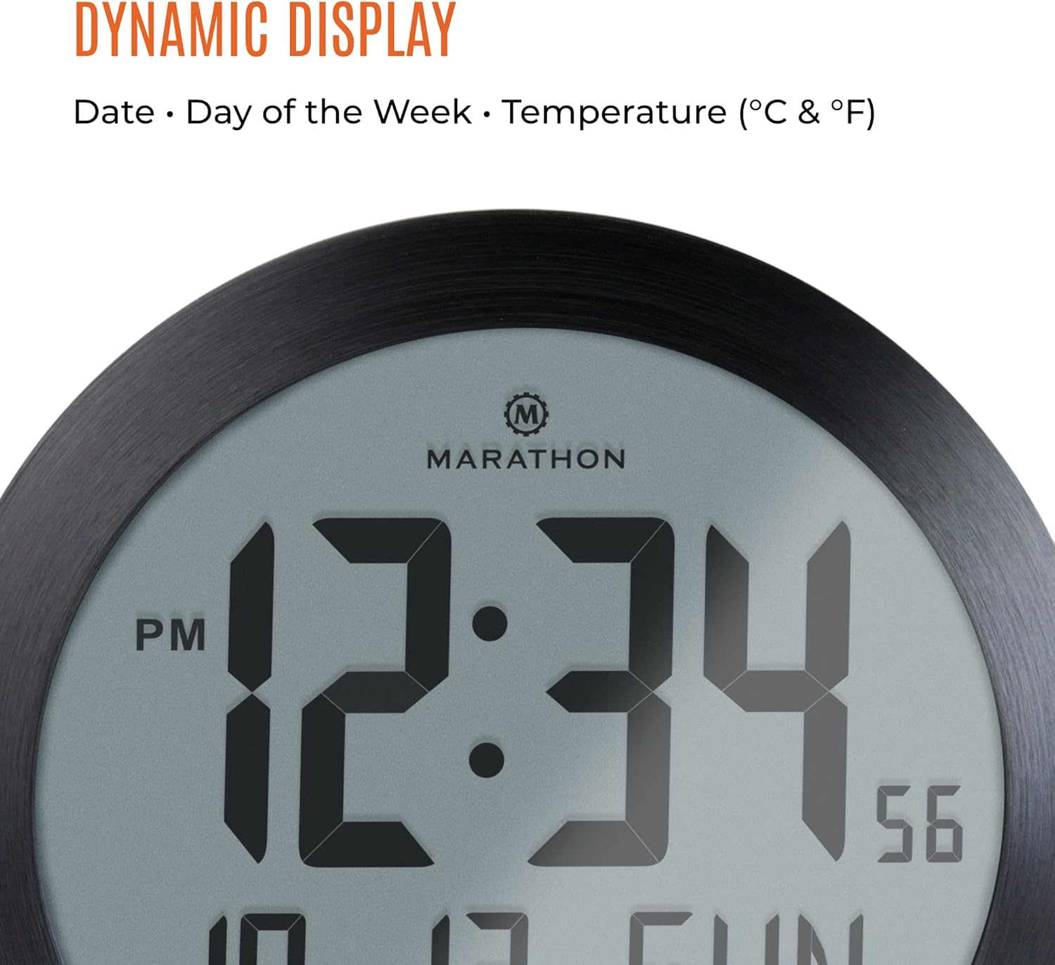 Marathon Miami-Horloge Murale numérique Ronde silencieuse-Thermomètre intégrée-Fixation Murale ou Support Bureau-Grand Affichage-Affichage du Calendrier- Grands Chiffres-Noir-Piles incluses