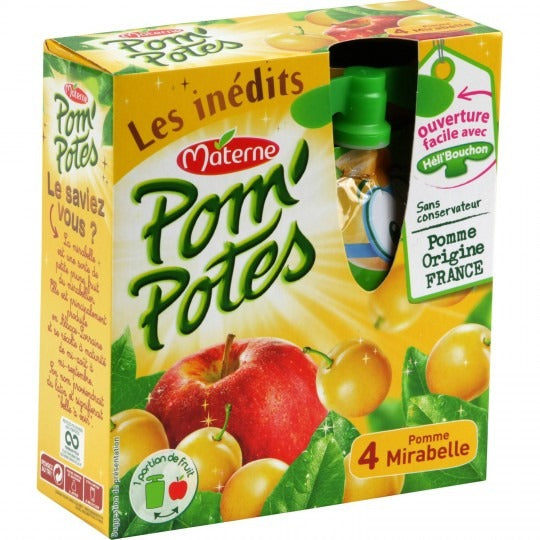 POM'POTES Sachet de compote de fruits pommes et prunes mirabelles, 4 x 90 g