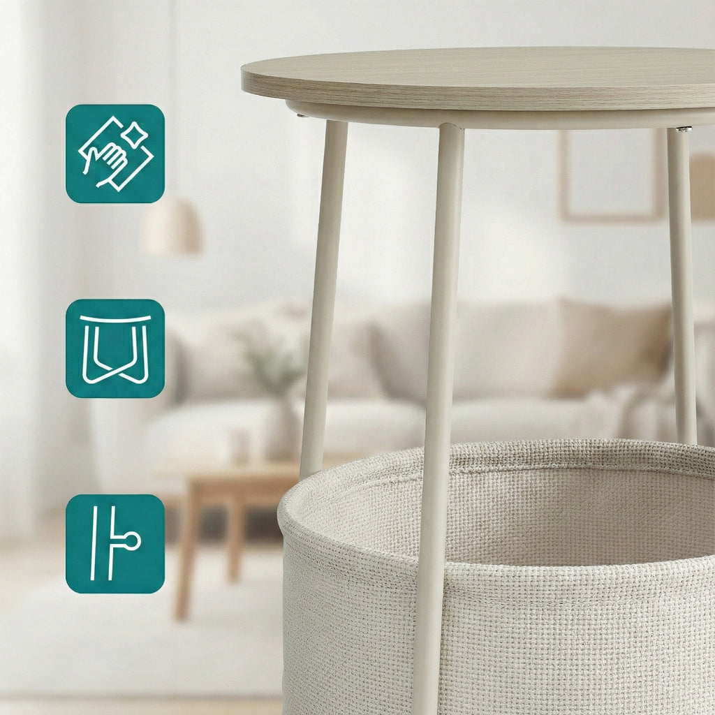 JOYFURNOS x Songmics Table d’appoint ronde 45 x 50 cm avec panier en tissu, pieds en acier, Beige naturel