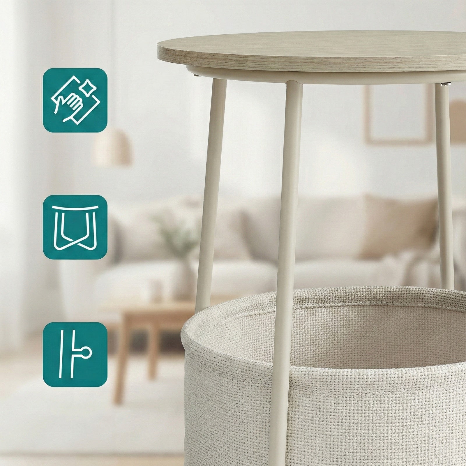 JOYFURNOS x Songmics Table d’appoint ronde 45 x 50 cm avec panier en tissu, pieds en acier, Beige naturel