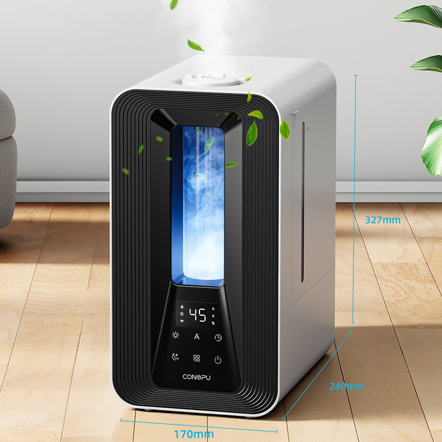 CONOPU Humidificateur à ultrasons 5 L pour chambre, Contrôle automatique intelligent de l'humidité, 2 buses à 360°, Mode sommeil silencieux, Diffuseur d'arômes, Éclairage LED, Minuterie 24 h