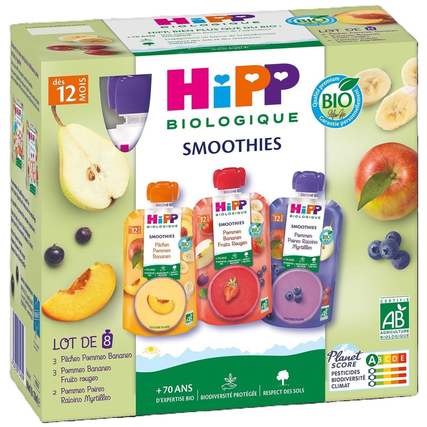 Hipp Compote de fruits bio pomme, banane, fruits rouges, pêche, dès 12 mois, 8 x 120 g
