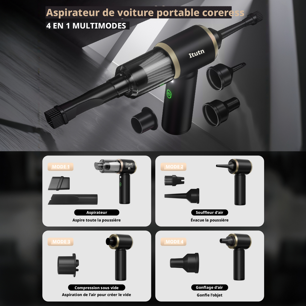 Aspirateur voiture sans fil portable Y8-Max avec éclairage LED | Puissance d'aspiration 18 000 PA | Mini aspirateur 5-en-1 & souffleur à air comprimé | Aspirateur à main pour maison