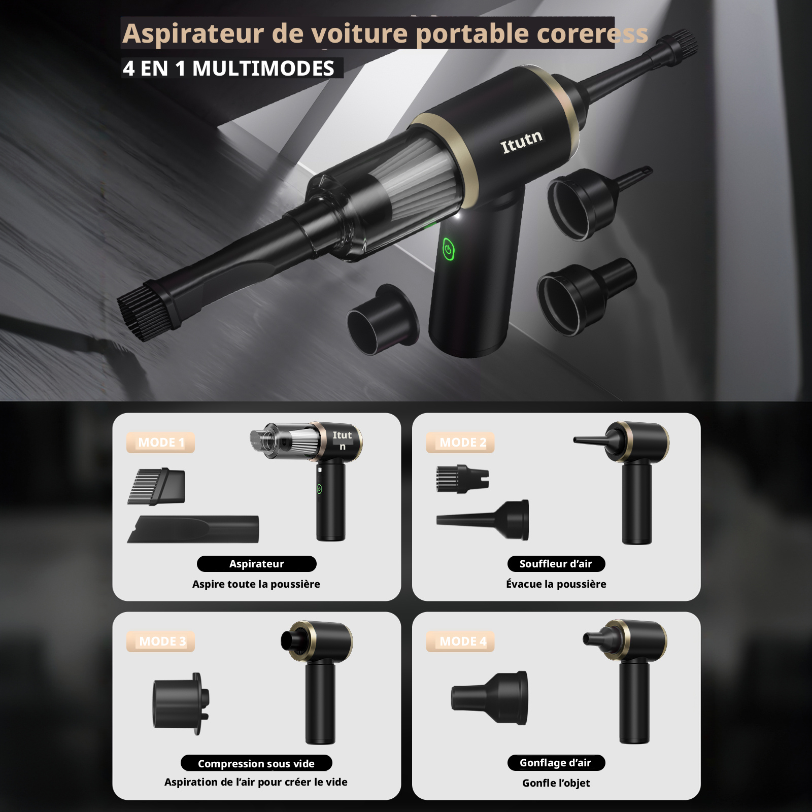 Aspirateur voiture sans fil portable Y8-Max avec éclairage LED | Puissance d'aspiration 18 000 PA | Mini aspirateur 5-en-1 & souffleur à air comprimé | Aspirateur à main pour maison