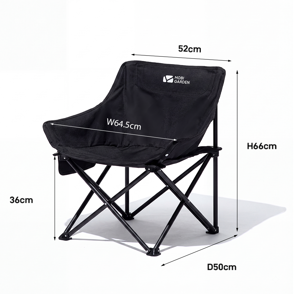 Mobi Garden, Chaise lune pliante et portable pour le camping, la pêche et le pique-nique, Noir, Assise large de 64,5 cm, Capacité de charge élevée, Durable et résistante à la déchirure
