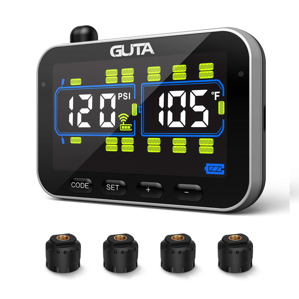 GUTA Système de surveillance de la pression des pneus pour camping-cars/remorques avec 4 capteurs, surveillance en temps réel de 0 à 188 PSI, 6 alarmes, écran couleur LCD