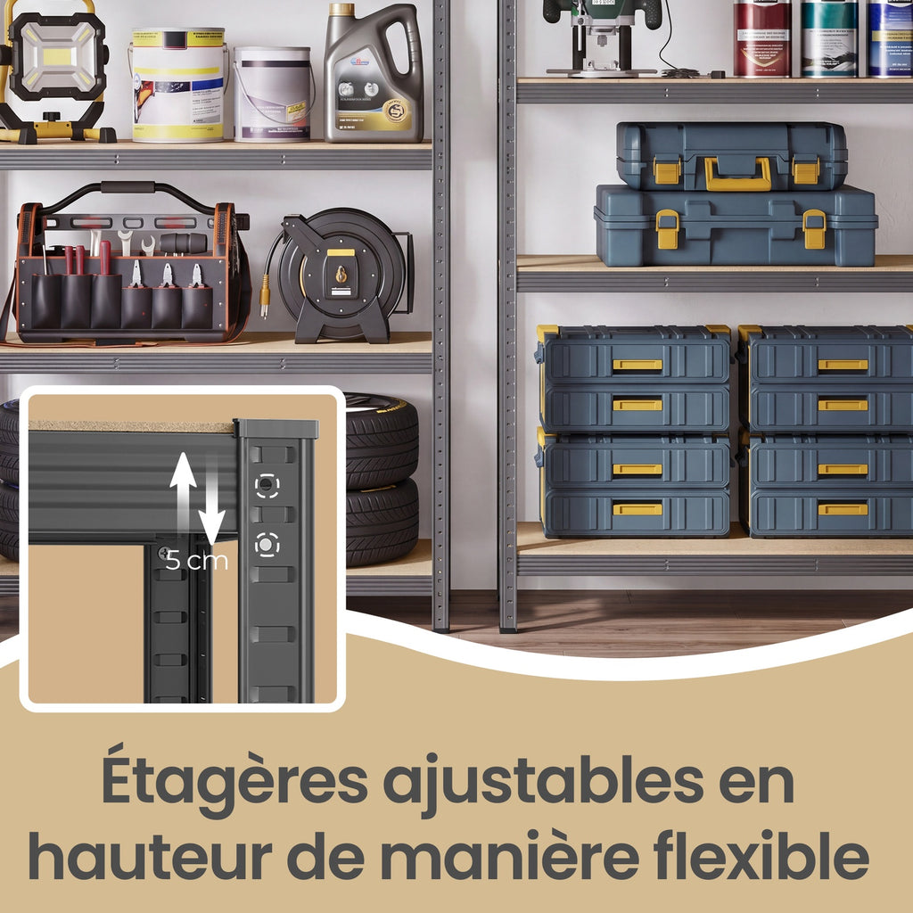 JOYFURNOS Étagère à 5 niveaux, Étagère de rangement en acier pour garage abri, Capacité de charge 750 kg, Gris