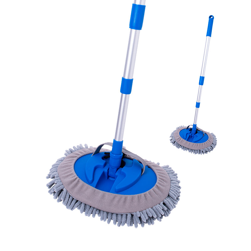 Serpillère en chenille bleue de tête 26 x 17,5 cm avec perche télescopique en aluminium à 3 sections - 51,5-110 cm