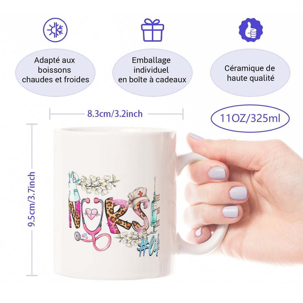 Alphynix Mug blanc 1 pièce 11 oz avec motif créatif "INFIRMIÈRE #vie" avec stéthoscope et pansements adhésifs, cadeau idéal pour la Journée des infirmières, cadeau de Saint-Valentin