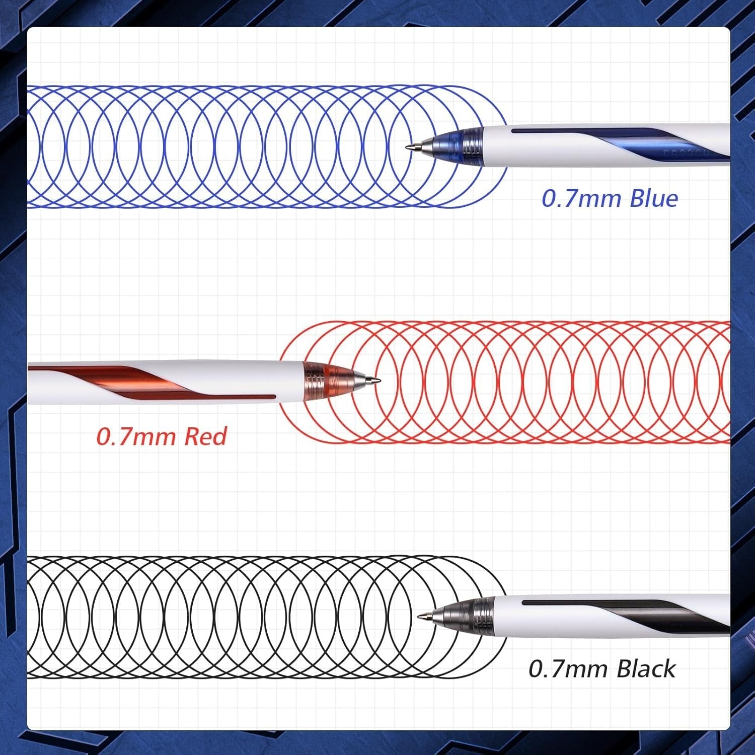 WRITECH Lot de 3 stylos à encre gel rétractables avec pointe moyenne 0,7 mm et recharges - Noir/Bleu/Rouge