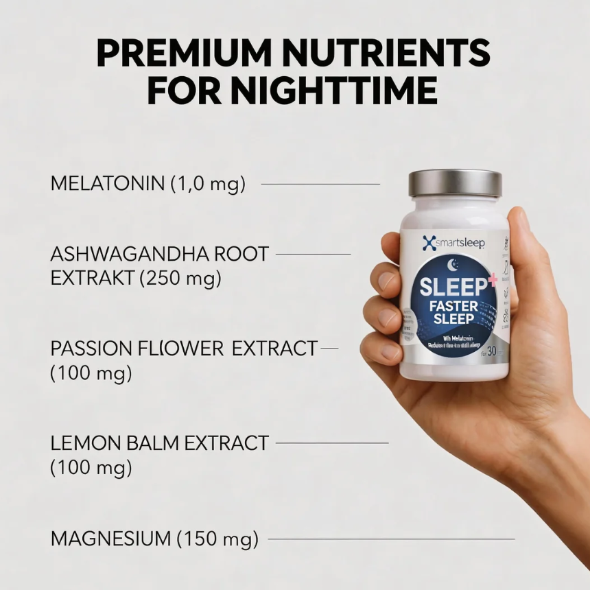 smartsleep SLEEP+ 30 Gélules de sommeil, avec 1 mg de mélatonine, ashwagandha, mélisse, passiflore et magnésium, fabriqué en Allemagne, vegan