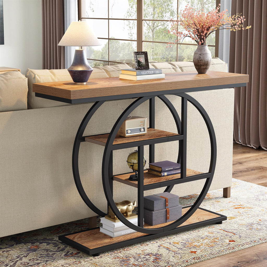 Tribesigns Table console 105 cm, Table derrière canapé industrielle à 4 niveaux pour entrée avec base circulaire, Table d'appoint étroite en bois avec étagères de rangement pour salon