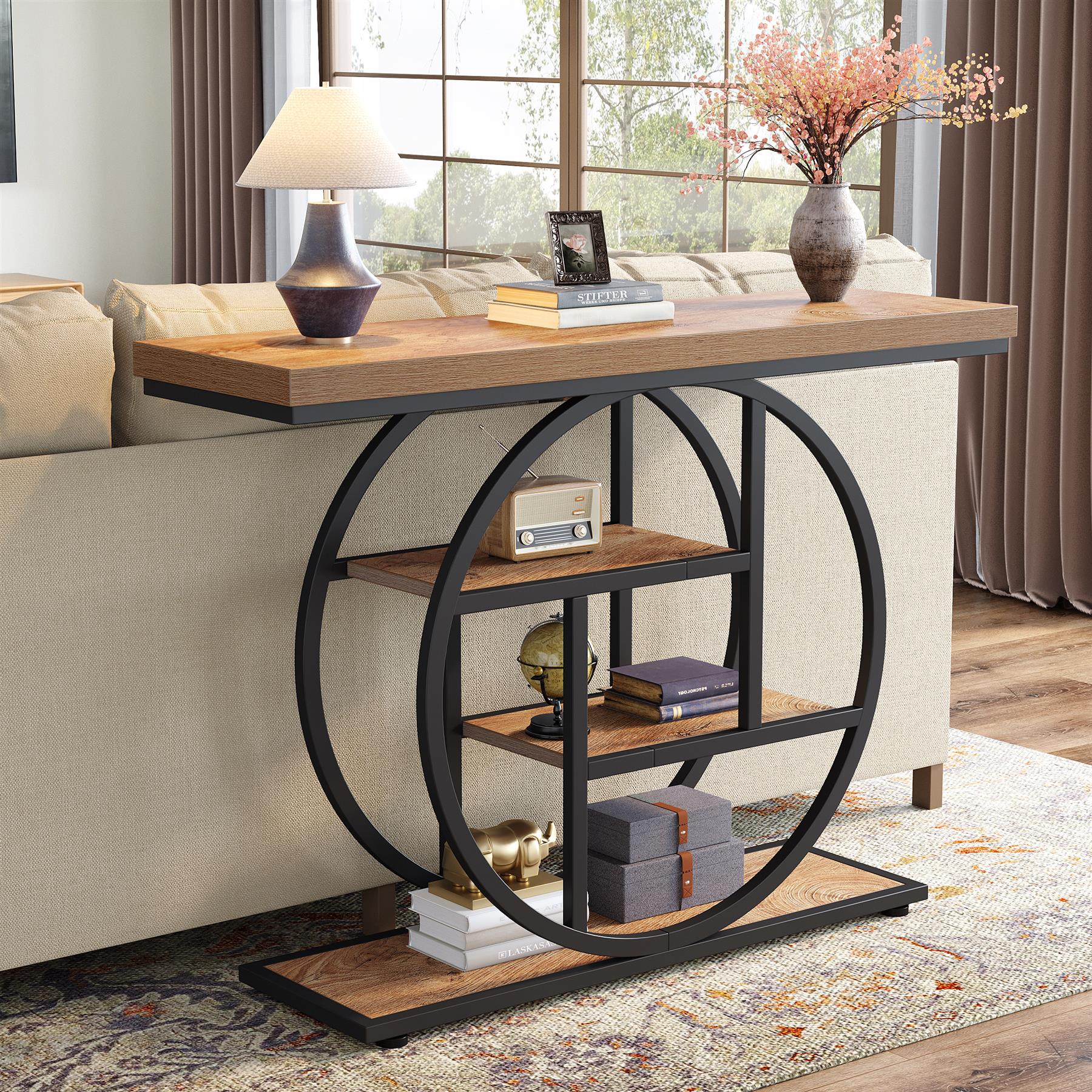 Tribesigns Table console 105 cm, Table derrière canapé industrielle à 4 niveaux pour entrée avec base circulaire, Table d'appoint étroite en bois avec étagères de rangement pour salon
