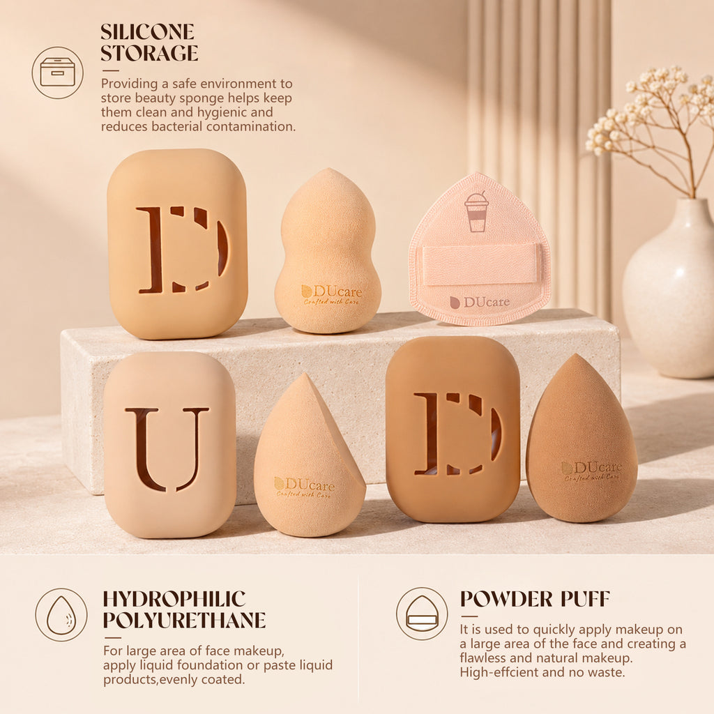DUcare Série Café Pinceaux de Maquillage de Luxe 14 Pcs et 3 Pcs Éponges à Maquillage pour Cadeaux de Fêtes avec Élégante Boîte Cadeau