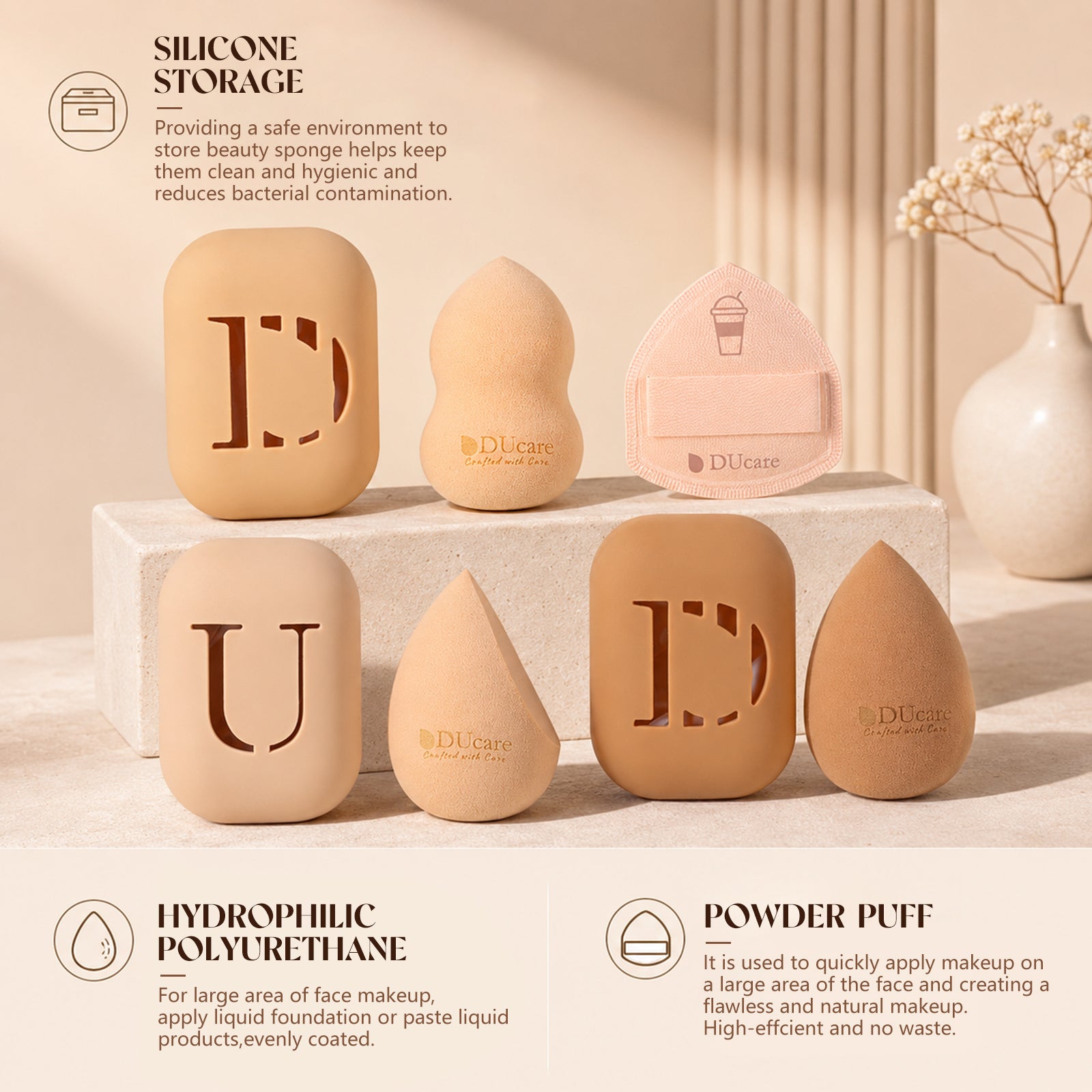 DUcare Série Café Pinceaux de Maquillage de Luxe 14 Pcs et 3 Pcs Éponges à Maquillage pour Cadeaux de Fêtes avec Élégante Boîte Cadeau