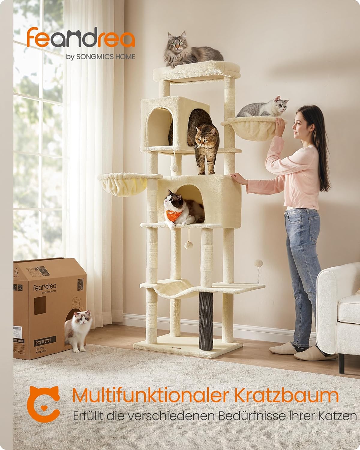Feandrea Griffoir pour chat grand 75" de haut XXL arbre à chat multi-niveaux avec 2 niches, 2 paniers, 5 colonnes à griffer, brosse pour chat, grande plateforme, sable beige