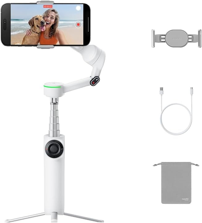 Insta360 Flow 2 Pro AI Tracker Bundle Blanc Glacier - Stabilisateur pliable pour smartphone avec IA, suivi dans plus de 200 applications avec Apple DockKit, suivi panoramique à 360°