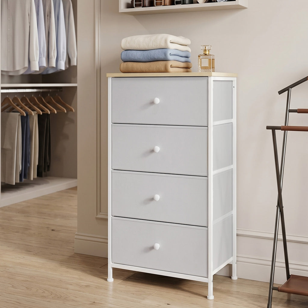 JOYFURNOS Commode en tissu pour chambre, avec 4 tiroirs, cadre en métal, blanc