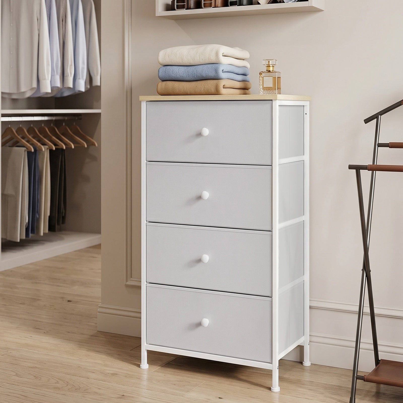 JOYFURNOS Commode en tissu pour chambre, avec 4 tiroirs, cadre en métal, blanc