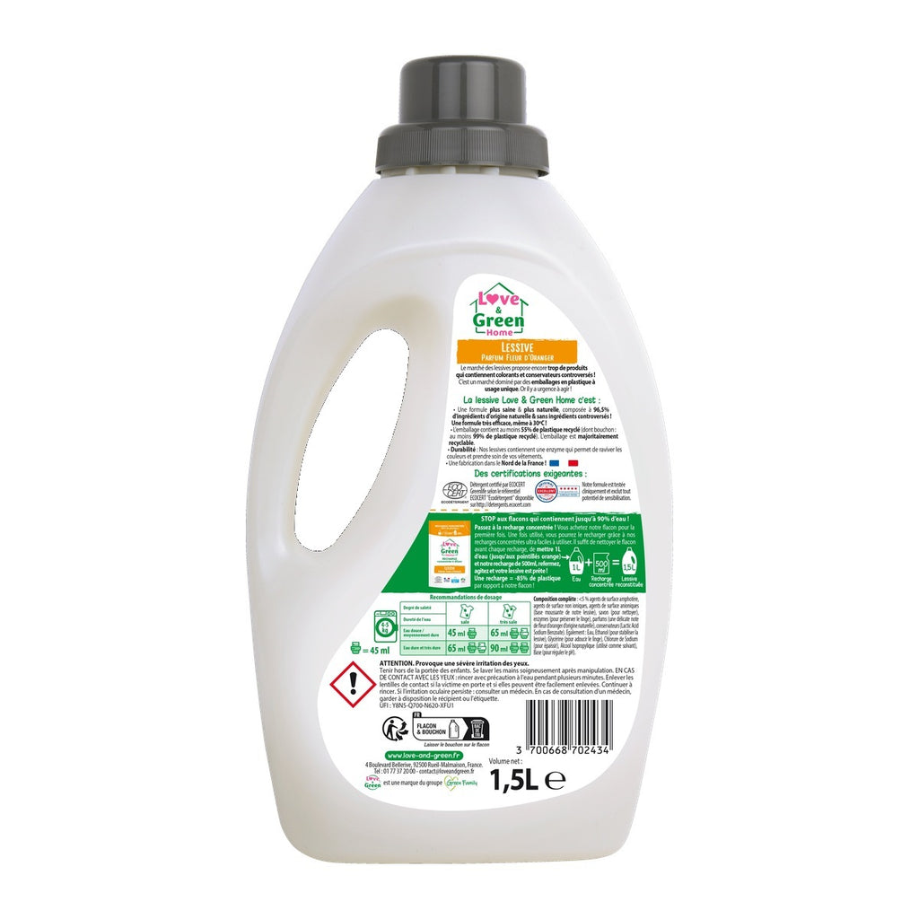 Love&Green Home Lessive rechargeable parfumée Fleur d'orange - 1,5L