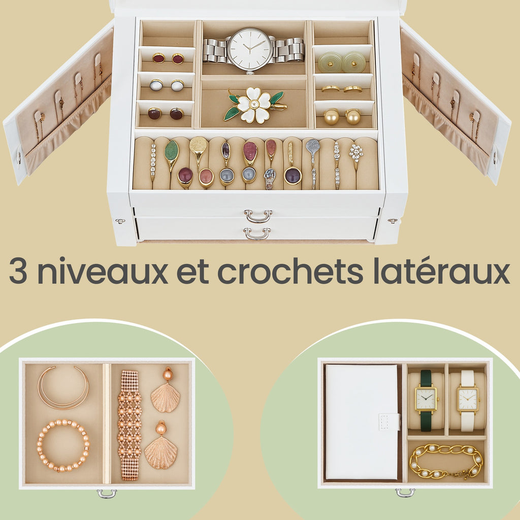 JOYFURNOS Boîte à bijoux 3 niveaux, Organisateur de bijoux avec 2 tiroirs, Étui à bijoux avec étui de voyage portable, Avec poignée, Verrouillable, Rangement pour bijoux, Cadeau pour les proches, Blanc