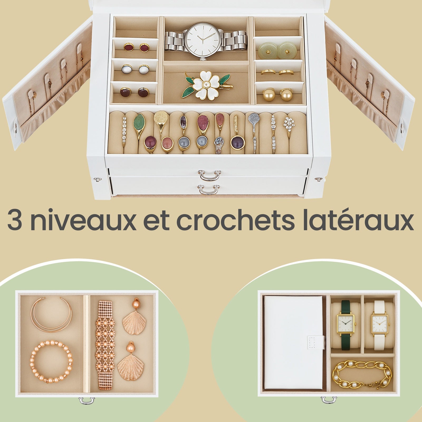JOYFURNOS Boîte à bijoux 3 niveaux, Organisateur de bijoux avec 2 tiroirs, Étui à bijoux avec étui de voyage portable, Avec poignée, Verrouillable, Rangement pour bijoux, Cadeau pour les proches, Blanc